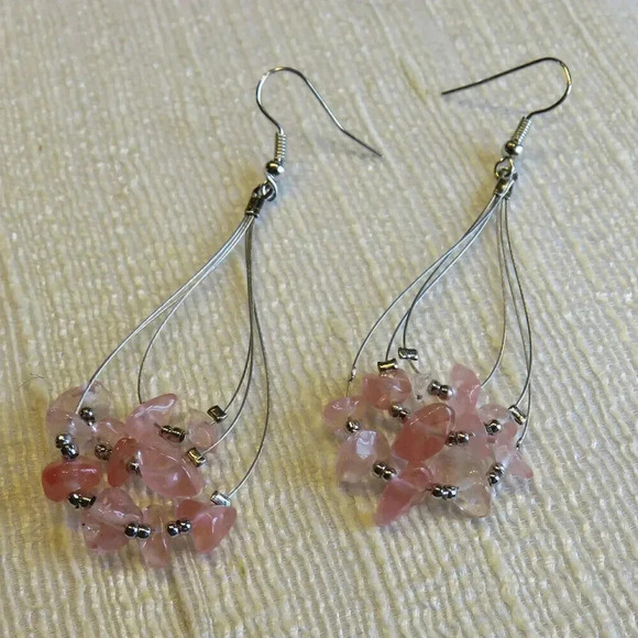 Handmade Pink Rose Quartz Gemstone Beads Triple Teardrop Loop 70mm Long Earrings - Picture 1 of 1
